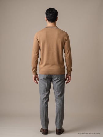 Maccali Taba Erkek Biyeli Fermuarlı Polo Yaka İnce Triko Sweatshirt