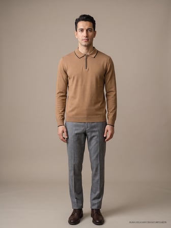 Maccali Taba Erkek Biyeli Fermuarlı Polo Yaka İnce Triko Sweatshirt
