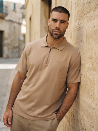Maccali Krem Erkek Pamuklu Yarım Fermuarlı Rahat Kalıp Tişört