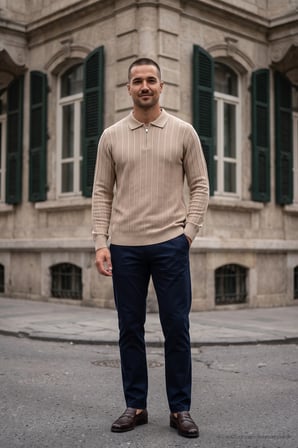 Maccali Bej Erkek Fitil Detaylı Fermuarlı Polo Yaka Triko Kazak