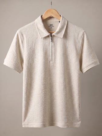 Maccali Krem Erkek Jakar Desenli Fermuarlı Polo Yaka Tişört