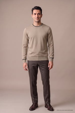 Maccali Bej Erkek Kontrast Şeritli Bisiklet Yaka Triko Sweatshirt