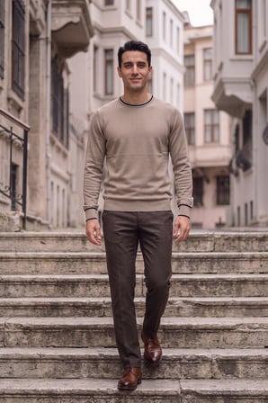 Maccali Bej Erkek Kontrast Şeritli Bisiklet Yaka Triko Sweatshirt