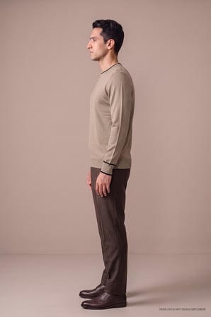 Maccali Bej Erkek Kontrast Şeritli Bisiklet Yaka Triko Sweatshirt