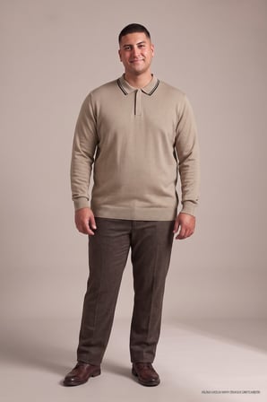 Maccali Bej Erkek Büyük Beden Gizli Fermuarlı Polo Yaka Triko Sweatshirt