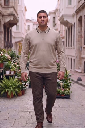 Maccali Bej Erkek Büyük Beden Gizli Fermuarlı Polo Yaka Triko Sweatshirt