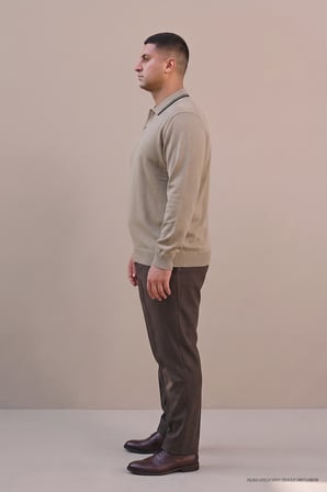 Maccali Bej Erkek Büyük Beden Gizli Fermuarlı Polo Yaka Triko Sweatshirt