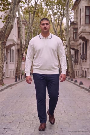 Maccali Beyaz Erkek Büyük Beden Gizli Fermuarlı Polo Yaka Triko Sweatshirt