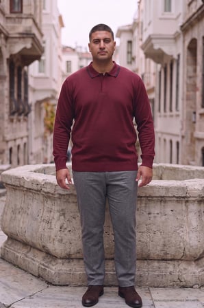Maccali Bordo Erkek Büyük Beden Gizli Fermuarlı Polo Yaka Triko Sweatshirt