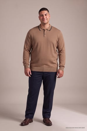 Maccali Camel Erkek Büyük Beden Gizli Fermuarlı Polo Yaka Triko Sweatshirt
