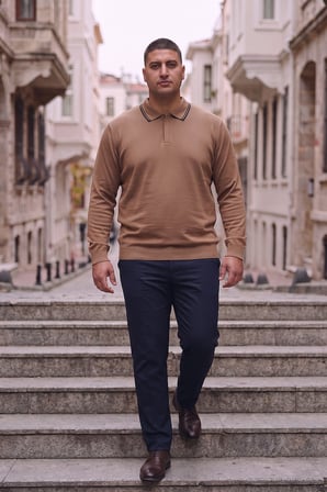 Maccali Camel Erkek Büyük Beden Gizli Fermuarlı Polo Yaka Triko Sweatshirt