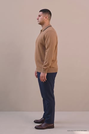 Maccali Camel Erkek Büyük Beden Gizli Fermuarlı Polo Yaka Triko Sweatshirt