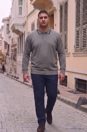 Maccali Füme Erkek Büyük Beden Gizli Fermuarlı Polo Yaka Triko Sweatshirt
