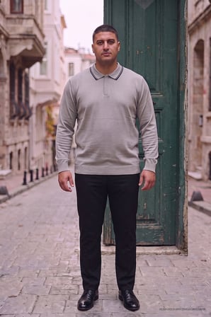 Maccali Gri Erkek Büyük Beden Gizli Fermuarlı Polo Yaka Triko Sweatshirt