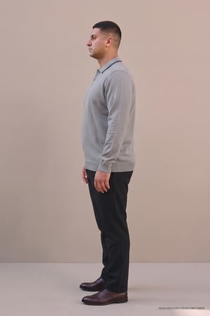 Maccali Gri Erkek Büyük Beden Gizli Fermuarlı Polo Yaka Triko Sweatshirt