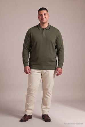 Maccali Haki Erkek Büyük Beden Gizli Fermuarlı Polo Yaka Triko Sweatshirt
