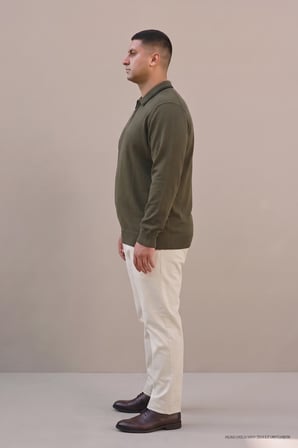 Maccali Haki Erkek Büyük Beden Gizli Fermuarlı Polo Yaka Triko Sweatshirt