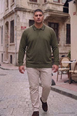Maccali Haki Erkek Büyük Beden Gizli Fermuarlı Polo Yaka Triko Sweatshirt
