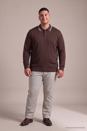 Maccali Koyu Kahve Erkek Büyük Beden Gizli Fermuarlı Polo Yaka Triko Sweatshirt