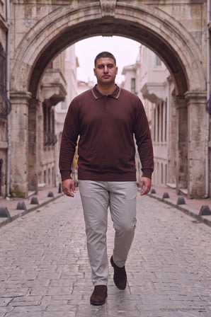 Maccali Koyu Kahve Erkek Büyük Beden Gizli Fermuarlı Polo Yaka Triko Sweatshirt