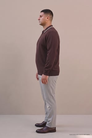 Maccali Koyu Kahve Erkek Büyük Beden Gizli Fermuarlı Polo Yaka Triko Sweatshirt