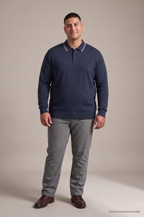 Maccali Lacivert Erkek Büyük Beden Gizli Fermuarlı Polo Yaka Triko Sweatshirt