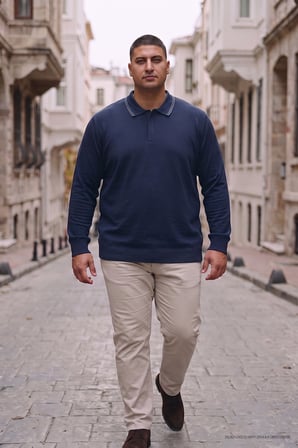 Maccali Lacivert Erkek Büyük Beden Gizli Fermuarlı Polo Yaka Triko Sweatshirt