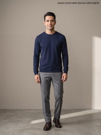 Maccali Koyu Mavi Erkek Selanik Bisiklet Yaka Sweatshirt