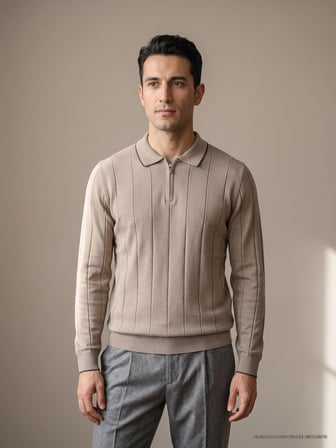 Maccali Bej Erkek Fitilli Biyeli Fermuarlı Polo Yaka Triko Sweatshirt