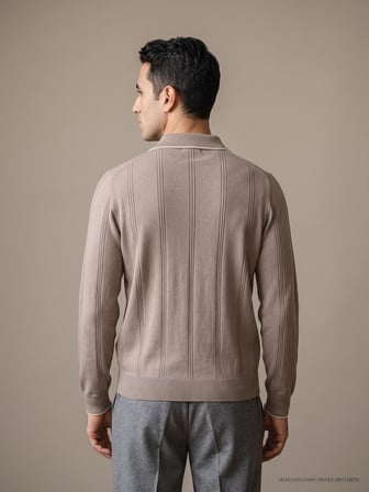 Maccali Bej Erkek Fitilli Biyeli Fermuarlı Polo Yaka Triko Sweatshirt