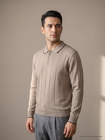 Maccali Bej Erkek Fitilli Biyeli Fermuarlı Polo Yaka Triko Sweatshirt