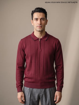 Maccali Bordo Erkek Fitilli Biyeli Fermuarlı Polo Yaka Triko Kazak