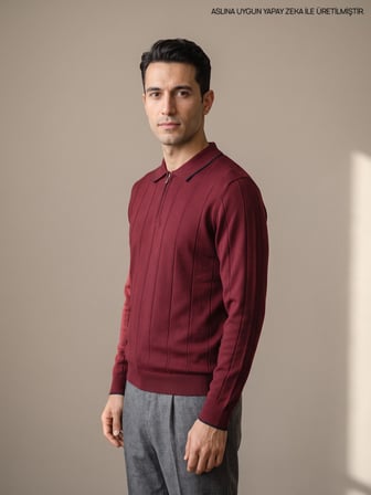 Maccali Bordo Erkek Fitilli Biyeli Fermuarlı Polo Yaka Triko Kazak
