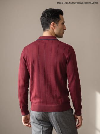 Maccali Bordo Erkek Fitilli Biyeli Fermuarlı Polo Yaka Triko Kazak