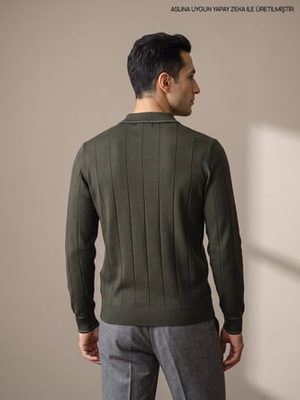 Maccali Haki Erkek Fitilli Biyeli Fermuarlı Polo Yaka Triko Kazak