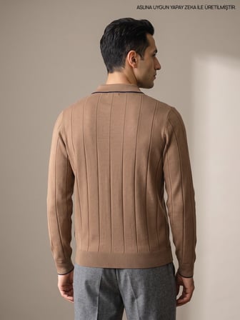 Maccali Taba Erkek Fitilli Biyeli Fermuarlı Polo Yaka Triko Kazak