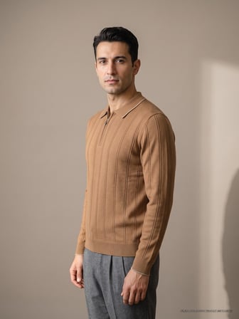 Maccali Taba Erkek Fitilli Biyeli Fermuarlı Polo Yaka Triko Sweatshirt