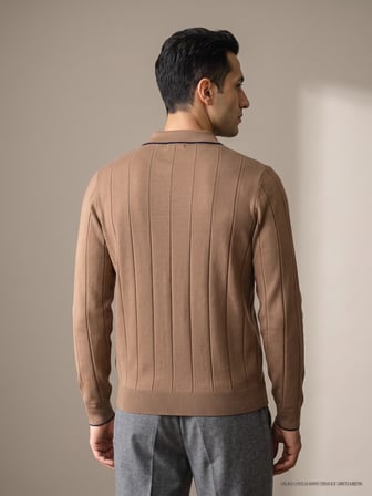 Maccali Taba Erkek Fitilli Biyeli Fermuarlı Polo Yaka Triko Sweatshirt