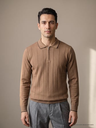 Maccali Taba Erkek Fitilli Biyeli Fermuarlı Polo Yaka Triko Sweatshirt