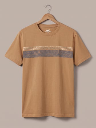 Maccali Camel Erkek Yatay Bant Baskılı Bisiklet Yaka Bol Kesim Tişört