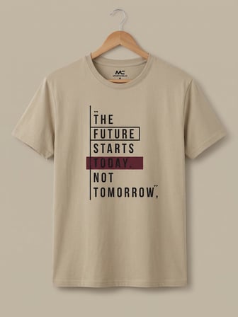 Maccali Bej Erkek The Future Starts Today Baskılı Bisiklet Yaka Bol Kesim Tişört