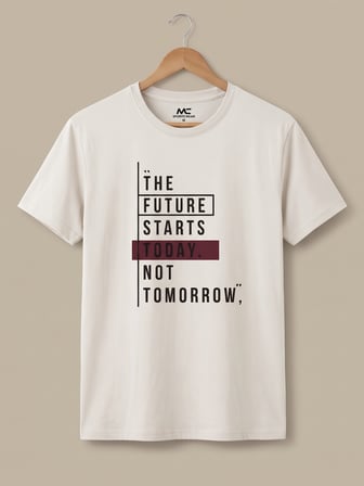 Maccali Beyaz Erkek The Future Starts Today Baskılı Bisiklet Yaka Bol Kesim Tişört
