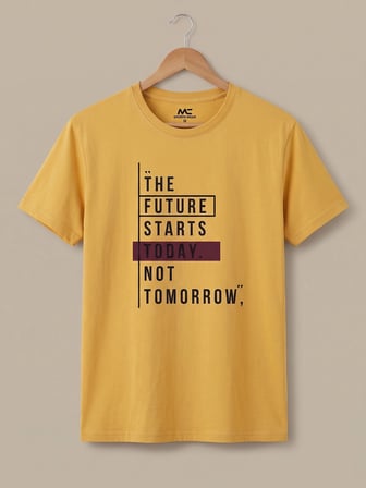 Maccali Sarı Erkek The Future Starts Today Baskılı Bisiklet Yaka Bol Kesim Tişört