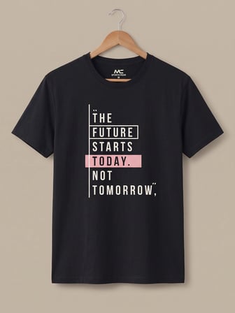 Maccali Siyah Erkek The Future Starts Today Baskılı Bisiklet Yaka Bol Kesim Tişört
