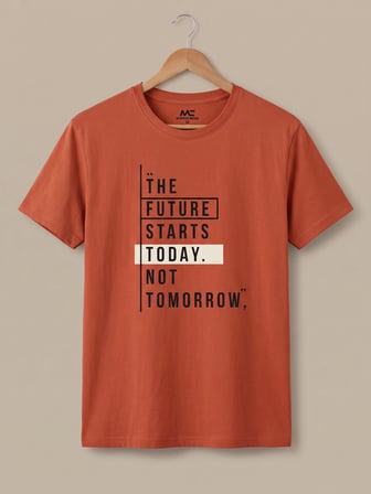 Maccali Turuncu Erkek The Future Starts Today Baskılı Bisiklet Yaka Bol Kesim Tişört