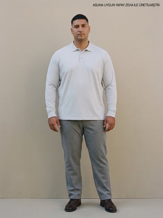Maccali Beyaz Erkek Büyük Beden Uzun Kollu Pike Polo Yaka Tişört