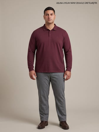 Maccali Bordo Erkek Büyük Beden Uzun Kollu Pike Polo Yaka Tişört