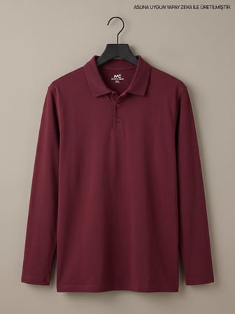 Maccali Bordo Erkek Büyük Beden Uzun Kollu Pike Polo Yaka Tişört