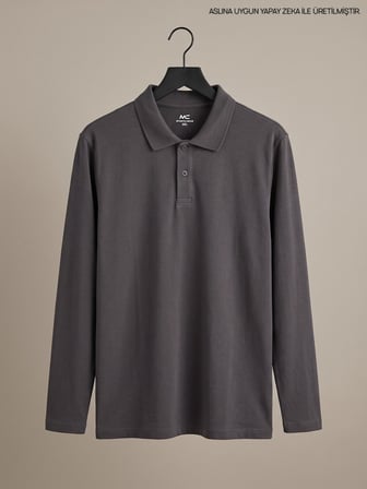 Maccali Gri Erkek Büyük Beden Uzun Kollu Pike Polo Yaka Tişört