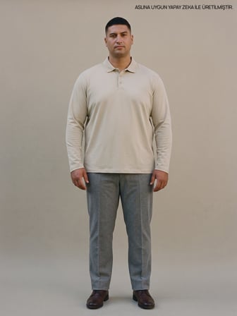 Maccali Krem Erkek Büyük Beden Uzun Kollu Pike Polo Yaka Tişört